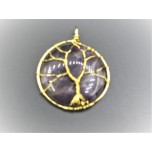 GP Round -  Tree of Life Gold Plated Wired on Round Gemstone Pendant - Amethyst